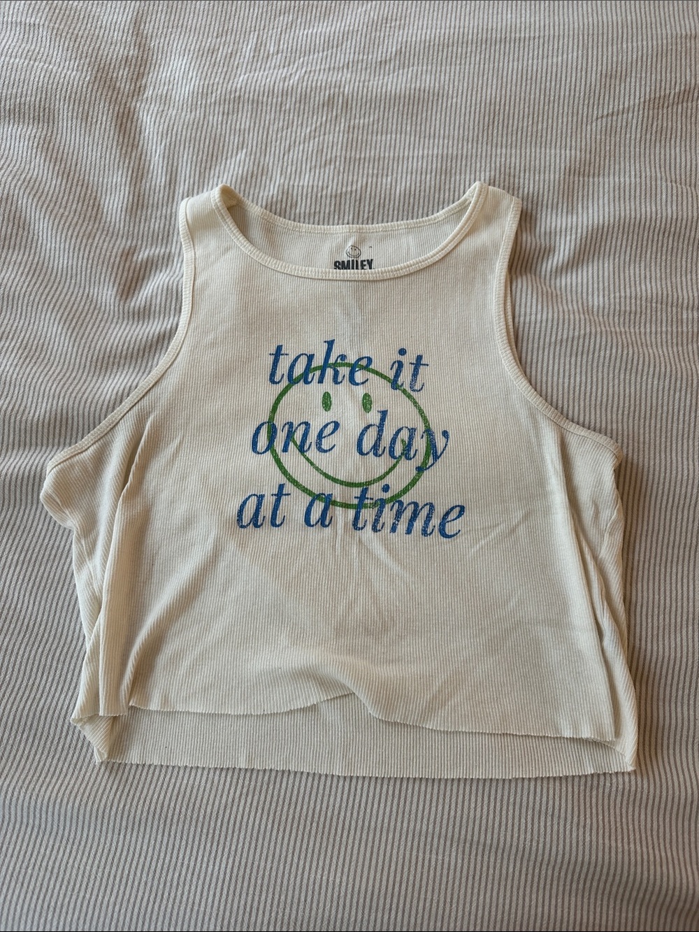 Urban Outfitters Cream Ribbed Graphic Tank with Blue & Green Print
